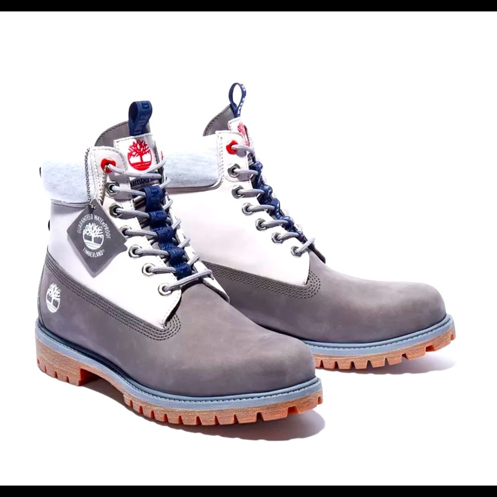 Gray and white timberland boots